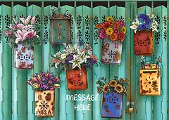 Charming Card by DWD - illustration of a wall adorned with pots of flowers, each with unique artistic patterns, combining natural beauty with decorative elements