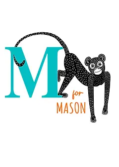 Playful Card by Little Sketch Studio -  illustration of a monkey next to a large letter "M," with the text "for" in orange, set on a clean white background and a blank area 