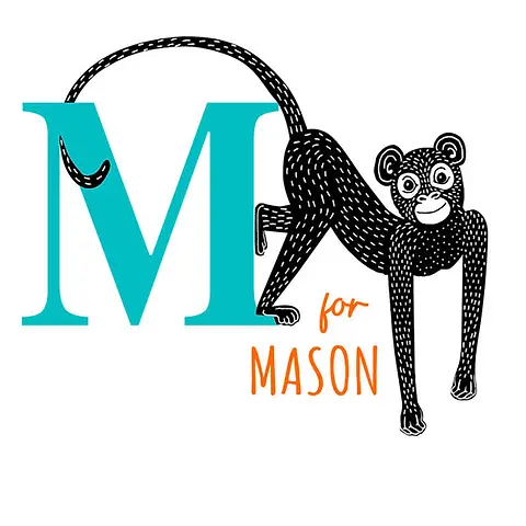 Playful Card by Little Sketch Studio -  illustration of a monkey next to a large letter "M," with the text "for" in orange, set on a clean white background and a blank area 