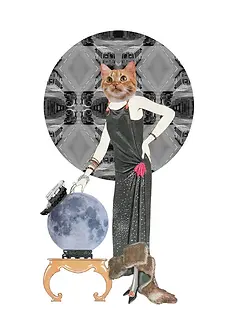 Whimsical Card by Katie Lee Studios - Displays a collaged image of a stylish woman (with a cat head) in a glittering dress, alongside a full moon atop an ornate table, set against a patterned backdrop