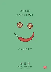 Editable Minimalist Christmas Card by Food For The Soul -  illustration featuring a smiling face made of a bird's eye chili and sliced tomatoes on a light green background, with the text "MERRY CHRISTMAS" at the top