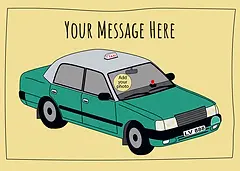 Charming Card by Graphik Recollection -  illustration of a taxi featuring a green body and gray top, complete with a registration plate and a circular logo on the door, against a pale yellow backdrop