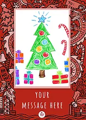 Kellett Christmas portrait greeting card featuring a festive red border with holiday and dragon doodles around a blank area.
