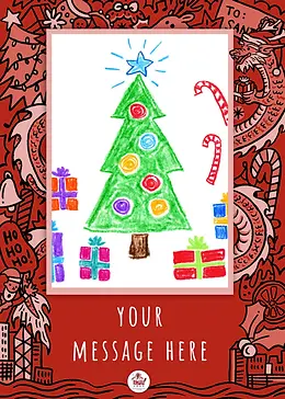 Kellett Christmas portrait greeting card featuring a festive red border with holiday and dragon doodles around a blank area.