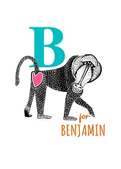 Playful Card by Little Sketch Studio - Illustrates an amusing baboon next to a prominent teal "B,"situated on a bright white backdrop