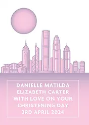 Whimsical Card by Biscuitmoon Designs - A soft pink gradient background featuring a stylized skyline with tall buildings, complemented by a large pastel sun