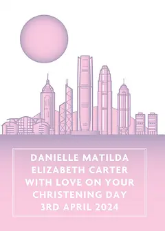 Whimsical Card by Biscuitmoon Designs - A soft pink gradient background featuring a stylized skyline with tall buildings, complemented by a large pastel sun