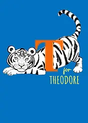 Playful Card by Little Sketch Studio -  llustrates a prominent orange "T" next to a cute tiger, all on a vivid blue backdrop