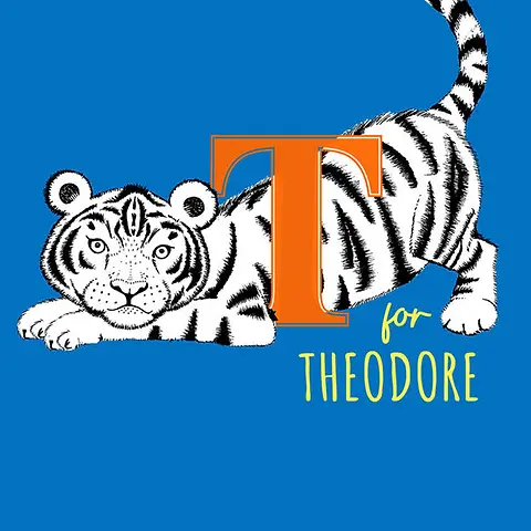 Playful Card by Little Sketch Studio -  llustrates a prominent orange "T" next to a cute tiger, all on a vivid blue backdrop