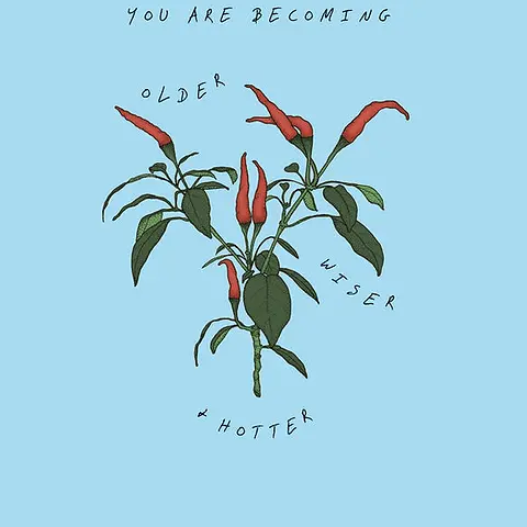 Editable Minimalist Card by Food For The Soul - Representation of bird's eye chilies surrounded by the words "YOU ARE BECOMING OLDER, WISER & HOTTER," with a customizable section at the top