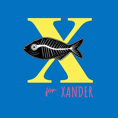Playful Card by Little Sketch Studio -  illustration  of a fish next to a bold yellow letter "X," with "for" in pink, situated on a vibrant blue background