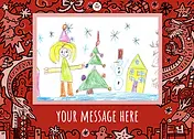 Kellett Christmas Doodle landscape greeting card with festive red border featuring a dragon, gingerbread, and city icons.