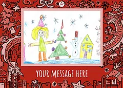 Kellett Christmas Doodle landscape greeting card with festive red border featuring a dragon, gingerbread, and city icons.