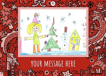 Kellett Christmas Doodle landscape greeting card with festive red border featuring a dragon, gingerbread, and city icons.
