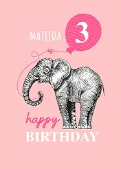 Playful Card by Little Sketch Studio -  illustration of an elephant beside a pink balloon, with "is happy BIRTHDAY", set against a light pink background