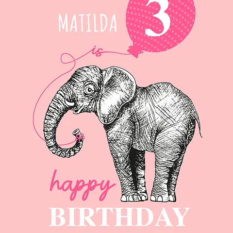 Playful Card by Little Sketch Studio -  illustration of an elephant beside a pink balloon, with "is happy BIRTHDAY", set against a light pink background
