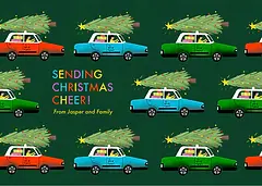 Cheerful Christmas Card by  Erin Hung Studio - Featuring a repeating pattern of taxis in orange, green, and blue, each carrying a decorated Christmas tree, with the message "SENDING CHRISTMAS CHEER!" in colorful letters against a dark green background