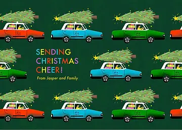 Cheerful Christmas Card by  Erin Hung Studio - Featuring a repeating pattern of taxis in orange, green, and blue, each carrying a decorated Christmas tree, with the message "SENDING CHRISTMAS CHEER!" in colorful letters against a dark green background