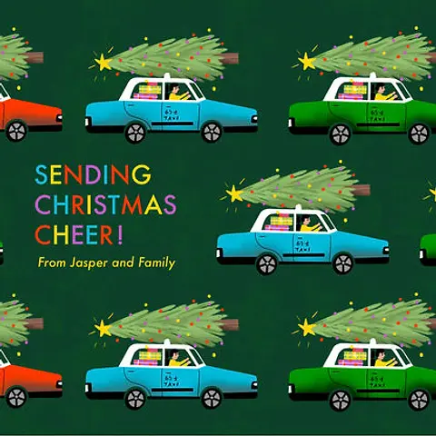 Cheerful Christmas Card by  Erin Hung Studio - Featuring a repeating pattern of taxis in orange, green, and blue, each carrying a decorated Christmas tree, with the message "SENDING CHRISTMAS CHEER!" in colorful letters against a dark green background