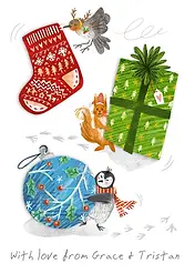 Box of Hope Christmas card showing a bird, squirrel with a gift, and a penguin with a bauble in the snow.