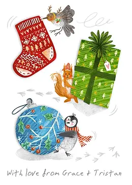 Box of Hope Christmas card showing a bird, squirrel with a gift, and a penguin with a bauble in the snow.