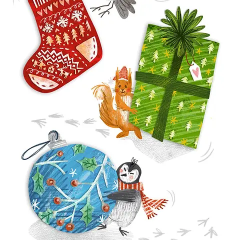 Box of Hope Christmas card showing a bird, squirrel with a gift, and a penguin with a bauble in the snow.