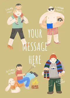 Charming Card by Suison Ma - illustration divided into four sections, capturing seasonal moments: a spring walk, summer fun in a floatie, relaxing on an autumn bench, and winter surfing
