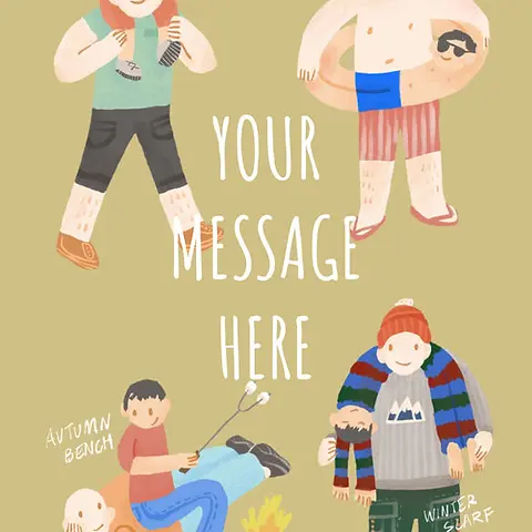 Charming Card by Suison Ma - illustration divided into four sections, capturing seasonal moments: a spring walk, summer fun in a floatie, relaxing on an autumn bench, and winter surfing