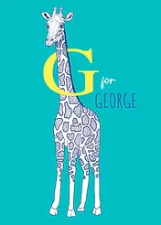Playful Card by Little Sketch Studio - Illustrates a tall giraffe next to a bold yellow "G,"situated against a cheerful turquoise backdrop