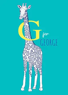 Playful Card by Little Sketch Studio - Illustrates a tall giraffe next to a bold yellow "G,"situated against a cheerful turquoise backdrop