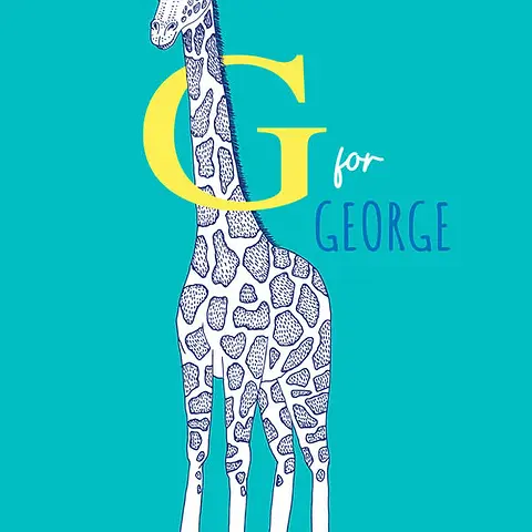 Playful Card by Little Sketch Studio - Illustrates a tall giraffe next to a bold yellow "G,"situated against a cheerful turquoise backdrop