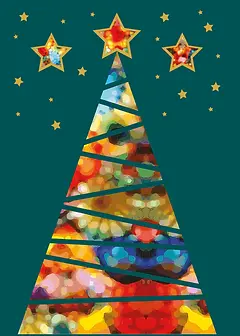 Whimsical Christmas Card by Biscuitmoon Designs - Featuring an abstract tree design with colorful, geometric slices and golden stars on a deep green background