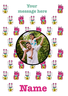 Playful Card by Liz Fry Design - Showcases a whimsical design with repeating lucky cat motifs, complemented by a large central circle for custom text or artwork