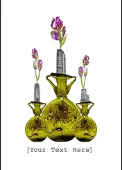 Customisable Whimsical Nostalgic Card by Katie Lee Studios - Depicts a whimsical composition of vases filled with skyscrapers and floral accents, blending traditional pottery with contemporary urban themes