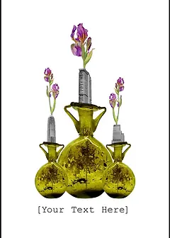 Customisable Whimsical Nostalgic Card by Katie Lee Studios - Depicts a whimsical composition of vases filled with skyscrapers and floral accents, blending traditional pottery with contemporary urban themes