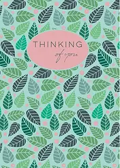 \Whimsical Card by Biscuitmoon Designs - Leafy patterns in green and gray on a minty blue backdrop, highlighted by the phrase "THINKING of you" in a stylish pink oval