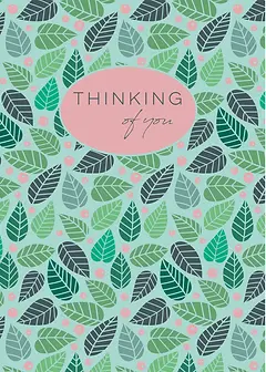 \Whimsical Card by Biscuitmoon Designs - Leafy patterns in green and gray on a minty blue backdrop, highlighted by the phrase "THINKING of you" in a stylish pink oval
