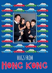 Graphic Card by Biscuitmoon Designs - A cheerful blue backdrop featuring a border of colorful red and green cars, enclosing an empty space, with "HONG KONG" written in large, fun red letters