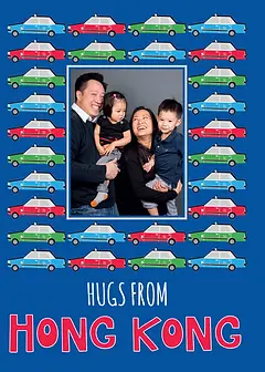 Graphic Card by Biscuitmoon Designs - A cheerful blue backdrop featuring a border of colorful red and green cars, enclosing an empty space, with "HONG KONG" written in large, fun red letters