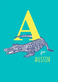 Playful Card by Little Sketch Studio - Illustrates a charming crocodile interacting with a prominent yellow "A," accompanied by "for" in white on a striking turquoise backdrop
