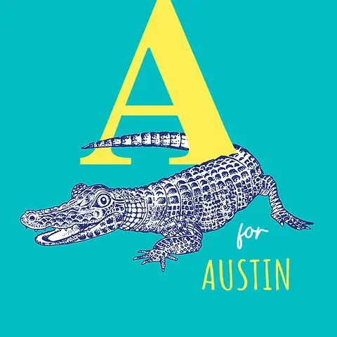 Playful Card by Little Sketch Studio - Illustrates a charming crocodile interacting with a prominent yellow "A," accompanied by "for" in white on a striking turquoise backdrop