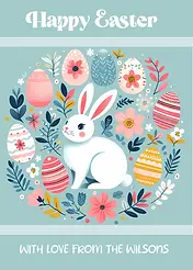  Personalised Charming Card by Biscuitmoon Designs - illustration featuring a white bunny surrounded by decorated Easter eggs and flowers, with the text "Happy Easter" elegantly displayed at the top
