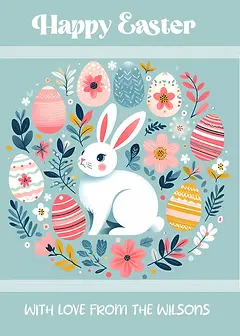  Personalised Charming Card by Biscuitmoon Designs - illustration featuring a white bunny surrounded by decorated Easter eggs and flowers, with the text "Happy Easter" elegantly displayed at the top