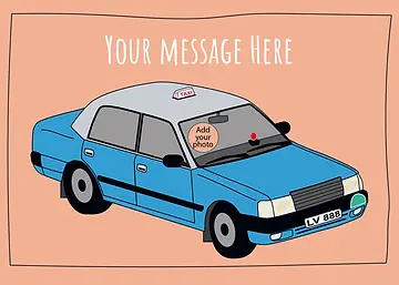 Charming Card by Graphik Recollection - illustration of a taxi featuring a blue body and gray top, complete with a registration plate and details like a circular logo on the door, against a soft orange backdrop