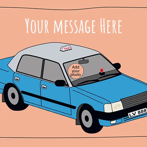 Charming Card by Graphik Recollection - illustration of a taxi featuring a blue body and gray top, complete with a registration plate and details like a circular logo on the door, against a soft orange backdrop