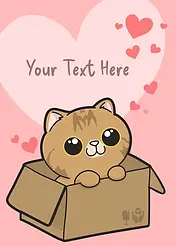 Playful Card by Pawsome Island -  illustrated cat with big eyes and a playful expression sits in a cardboard box, surrounded by floating pink hearts on a soft pink background