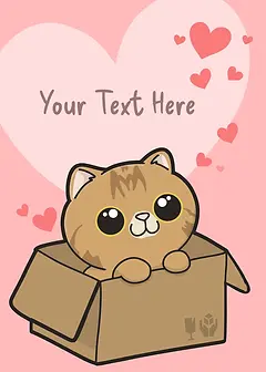 Playful Card by Pawsome Island -  illustrated cat with big eyes and a playful expression sits in a cardboard box, surrounded by floating pink hearts on a soft pink background