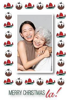 Customisable Cheerful Card by Liz Fry Design -  Featuring a central blank area encircled by colorful red-sailed boats and Christmas puddings, with the greeting "MERRY CHRISTMAS la!" prominently displayed