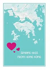 Charming Card by Biscuitmoon Designs - Highlighting a soft map of Hong Kong with floating pink hearts and a cheerful message to send hugs