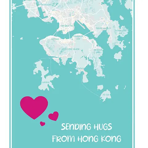 Charming Card by Biscuitmoon Designs - Highlighting a soft map of Hong Kong with floating pink hearts and a cheerful message to send hugs